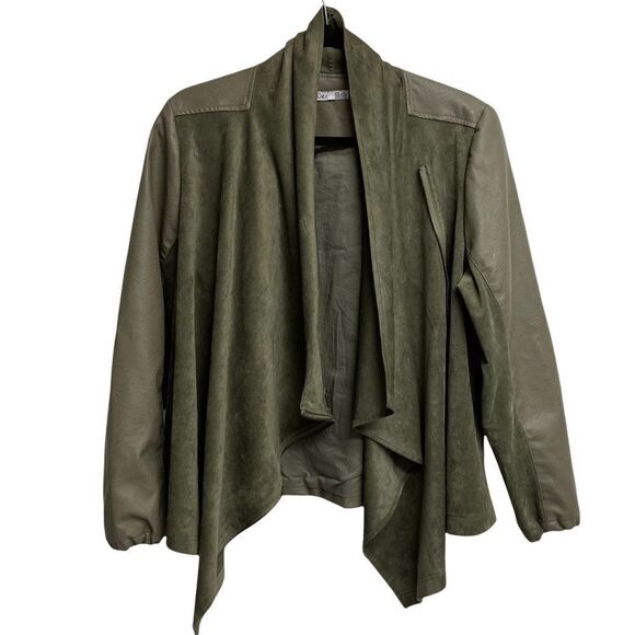 (SOLD) DEX Faux Suede Faux Leather Asymmetrical Moto Jacket Olive Green 2X - Picture 3 of 7